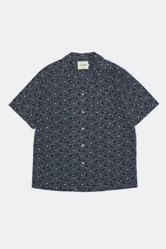 Short Sleeve Camp Collar - Navy with White Embroidery made by Lite Year