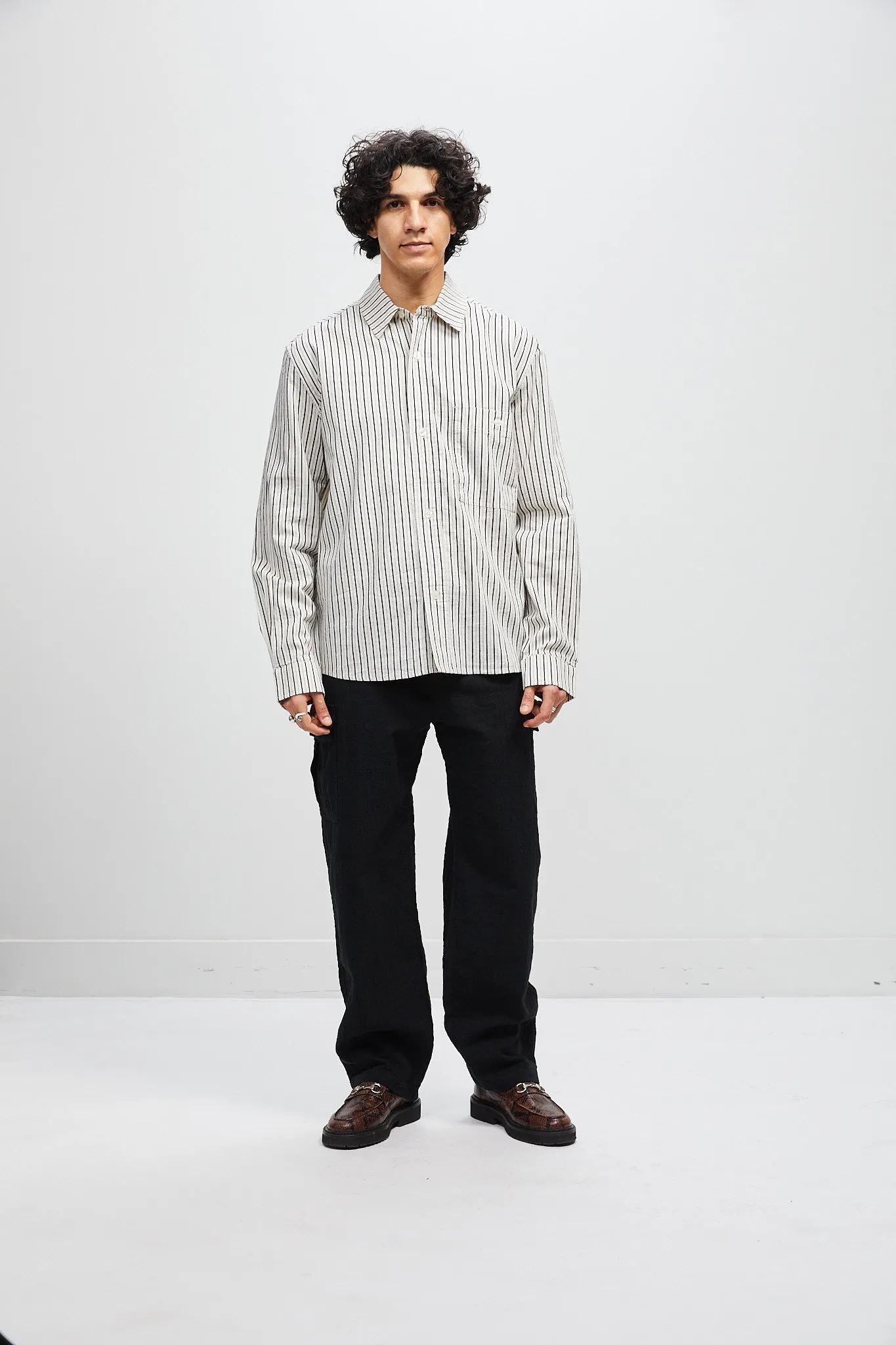 Italian Relaxed Button Up Shirt - Natural with Navy Stripe sold by Lite Year product image thumbnail 3