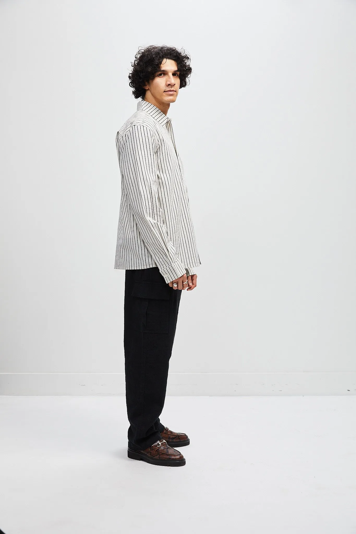 Italian Relaxed Button Up Shirt - Natural with Navy Stripe sold by Lite Year product image thumbnail 4
