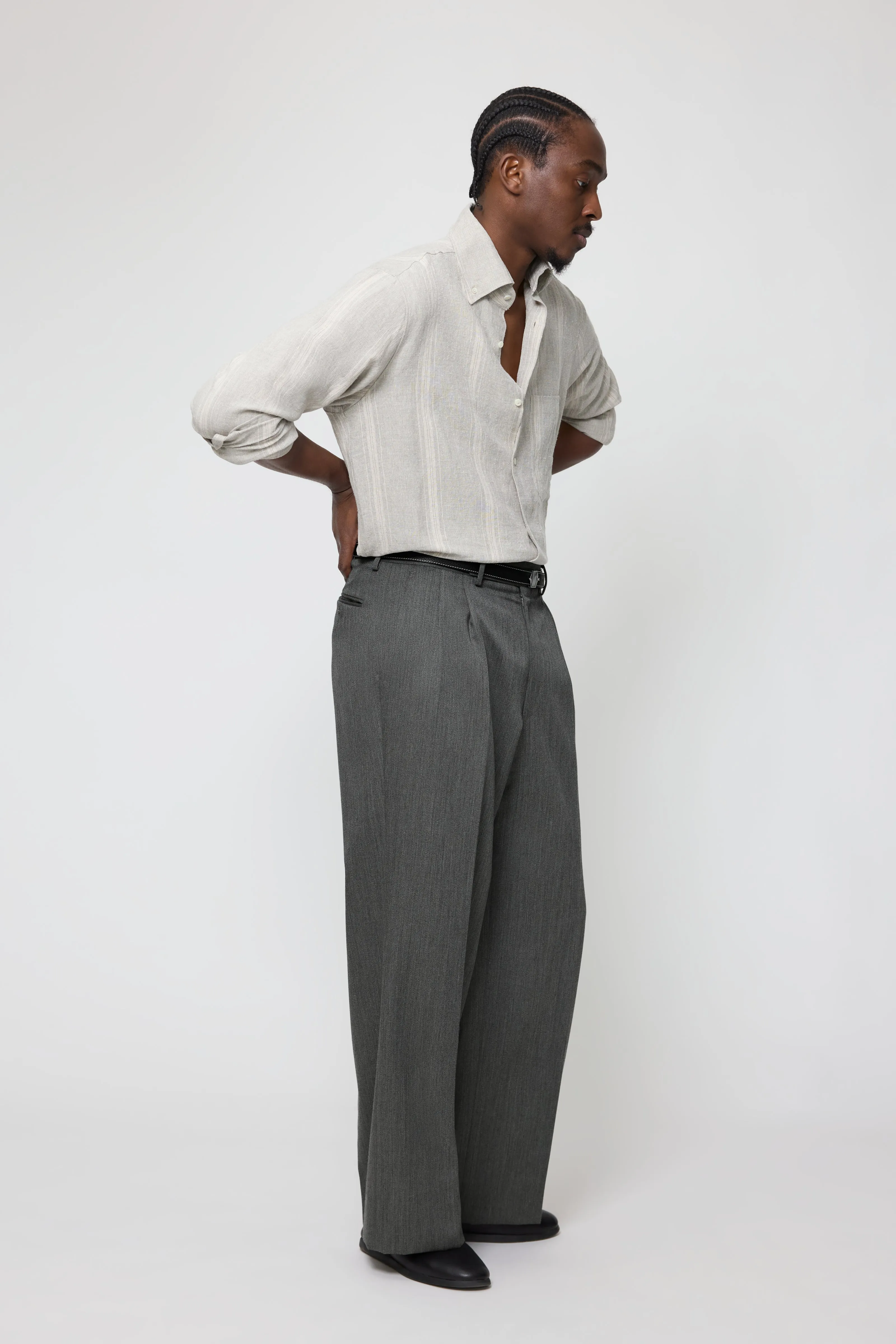 Button Down Collar Shirt (Lichen with Taupe Stripe Linen Silk Slub) sold by Stoffa product image thumbnail 3