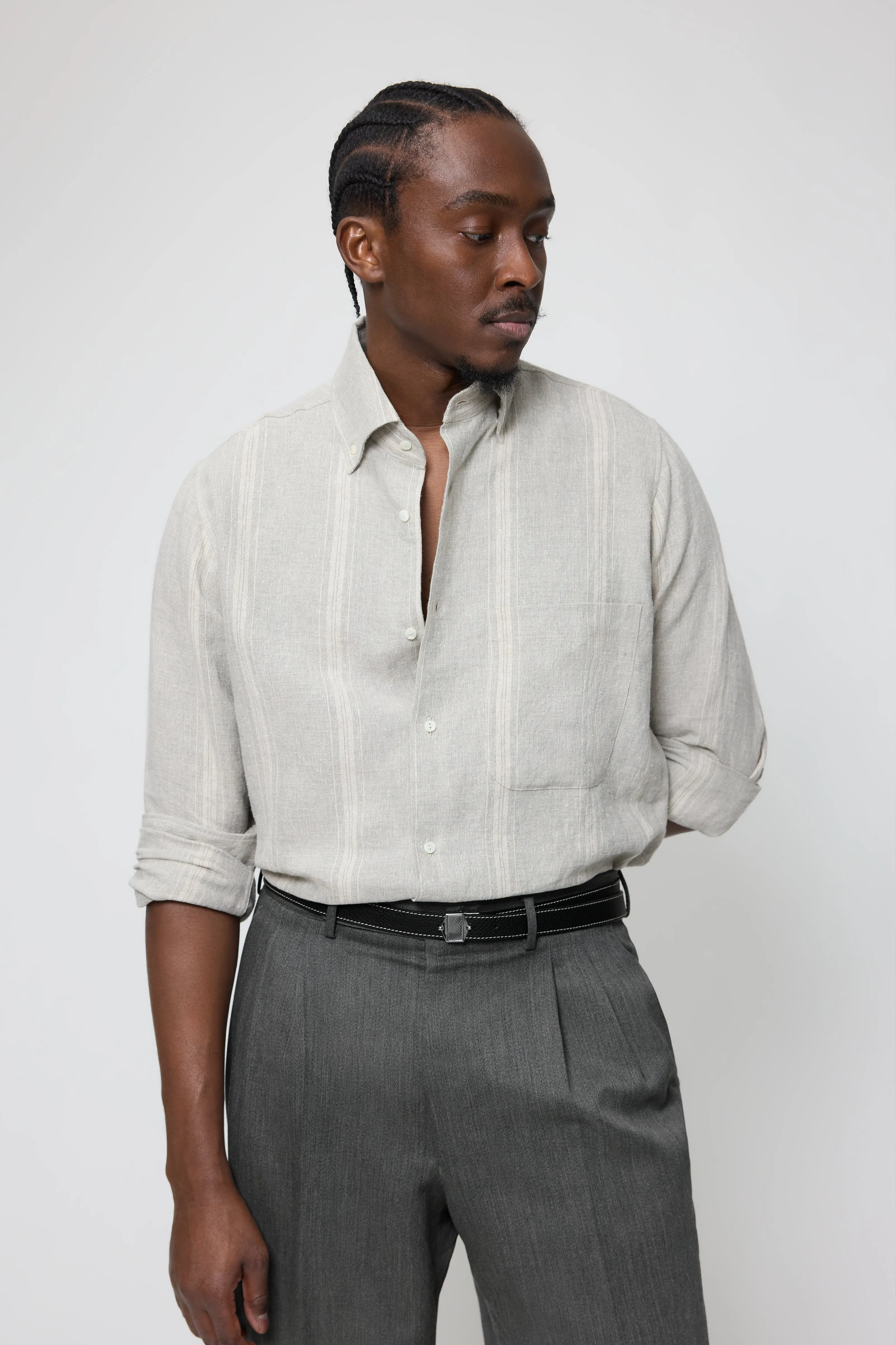 Button Down Collar Shirt (Lichen with Taupe Stripe Linen Silk Slub) sold by Stoffa product image thumbnail 4