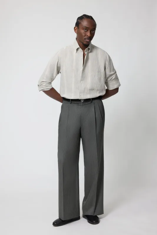 Button Down Collar Shirt (Lichen with Taupe Stripe Linen Silk Slub) made by Stoffa