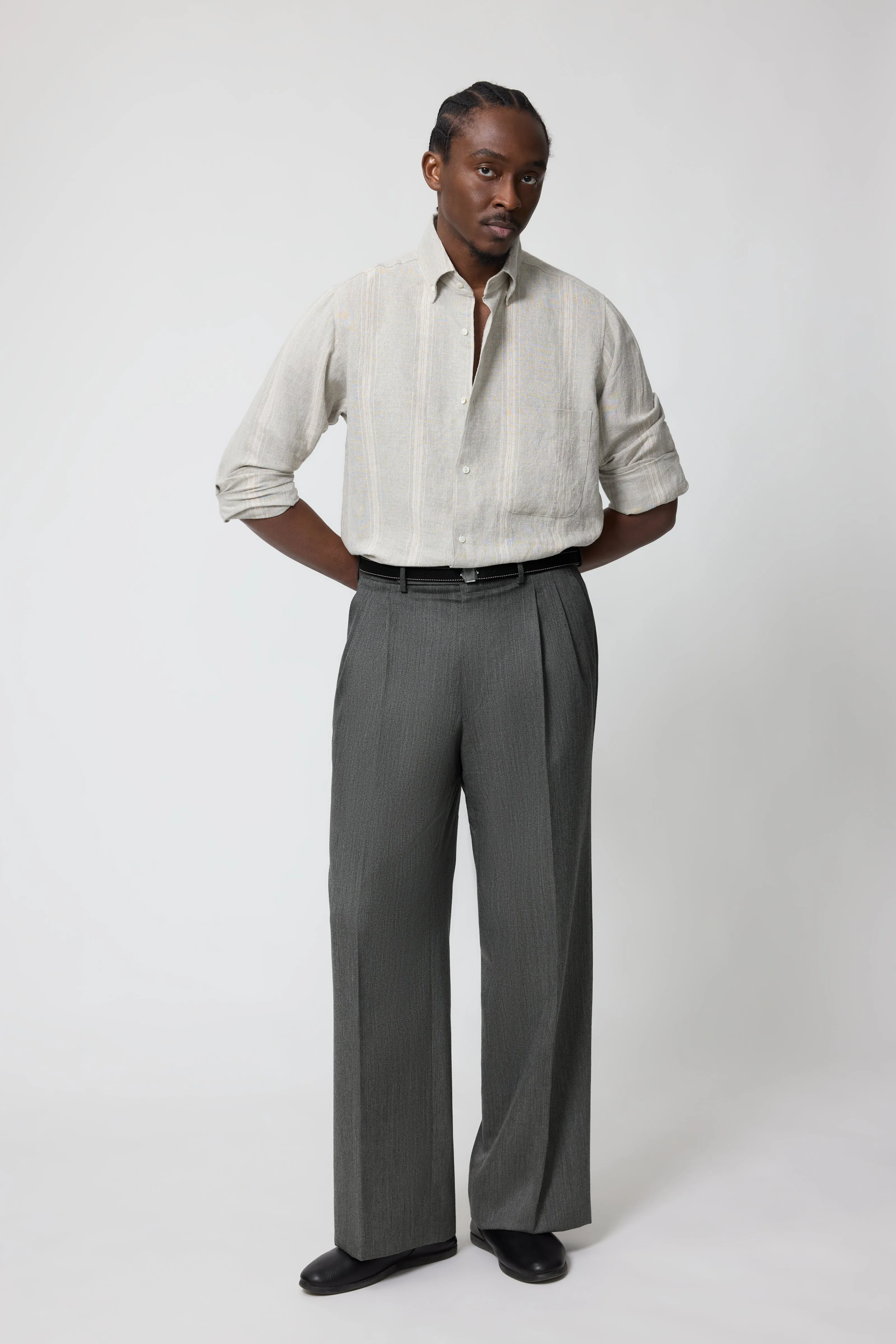 Button Down Collar Shirt (Lichen with Taupe Stripe Linen Silk Slub) sold by Stoffa
