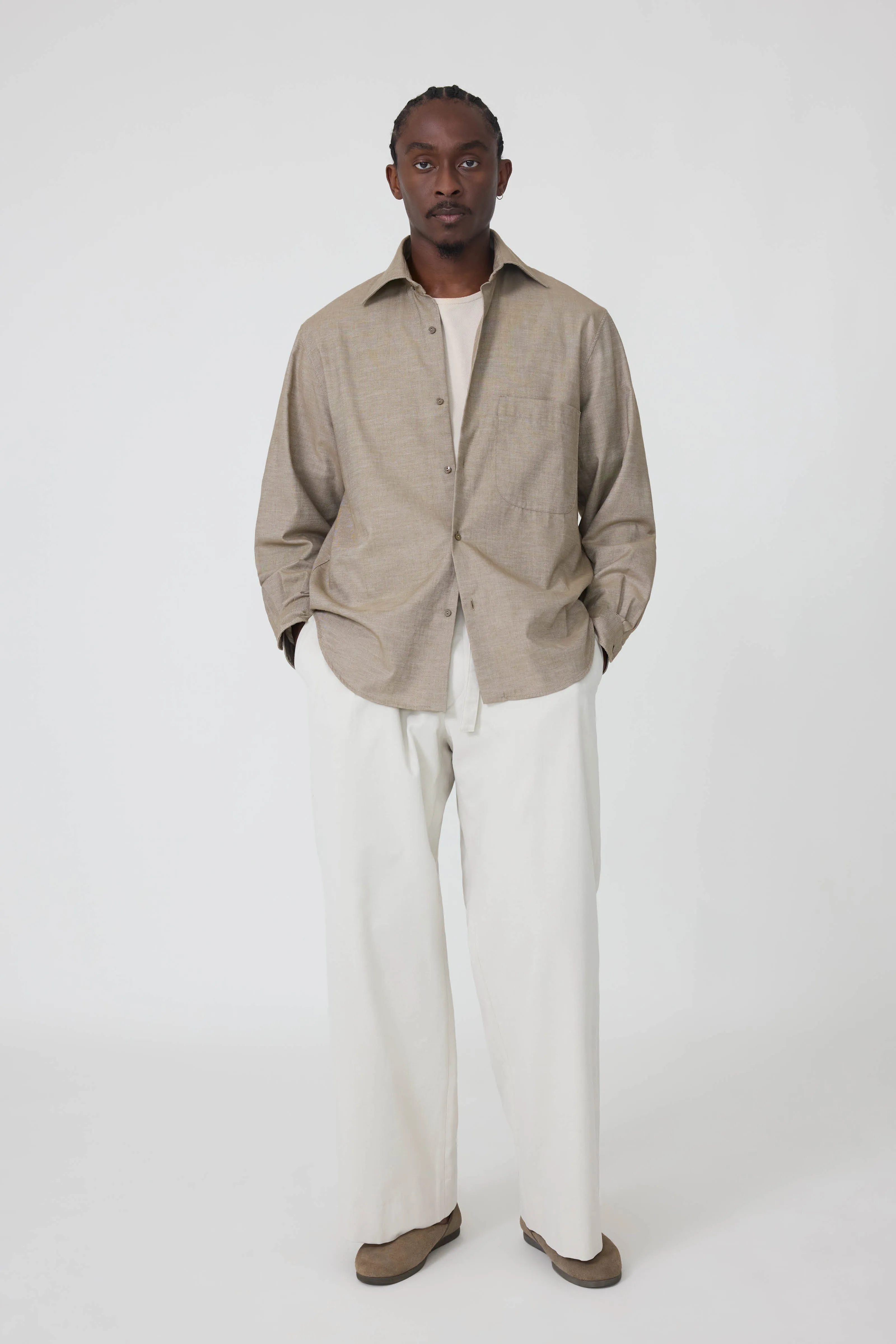 Spread Collar Shirt (Taupe Naturally Dyed Brushed Cotton) sold by Stoffa
