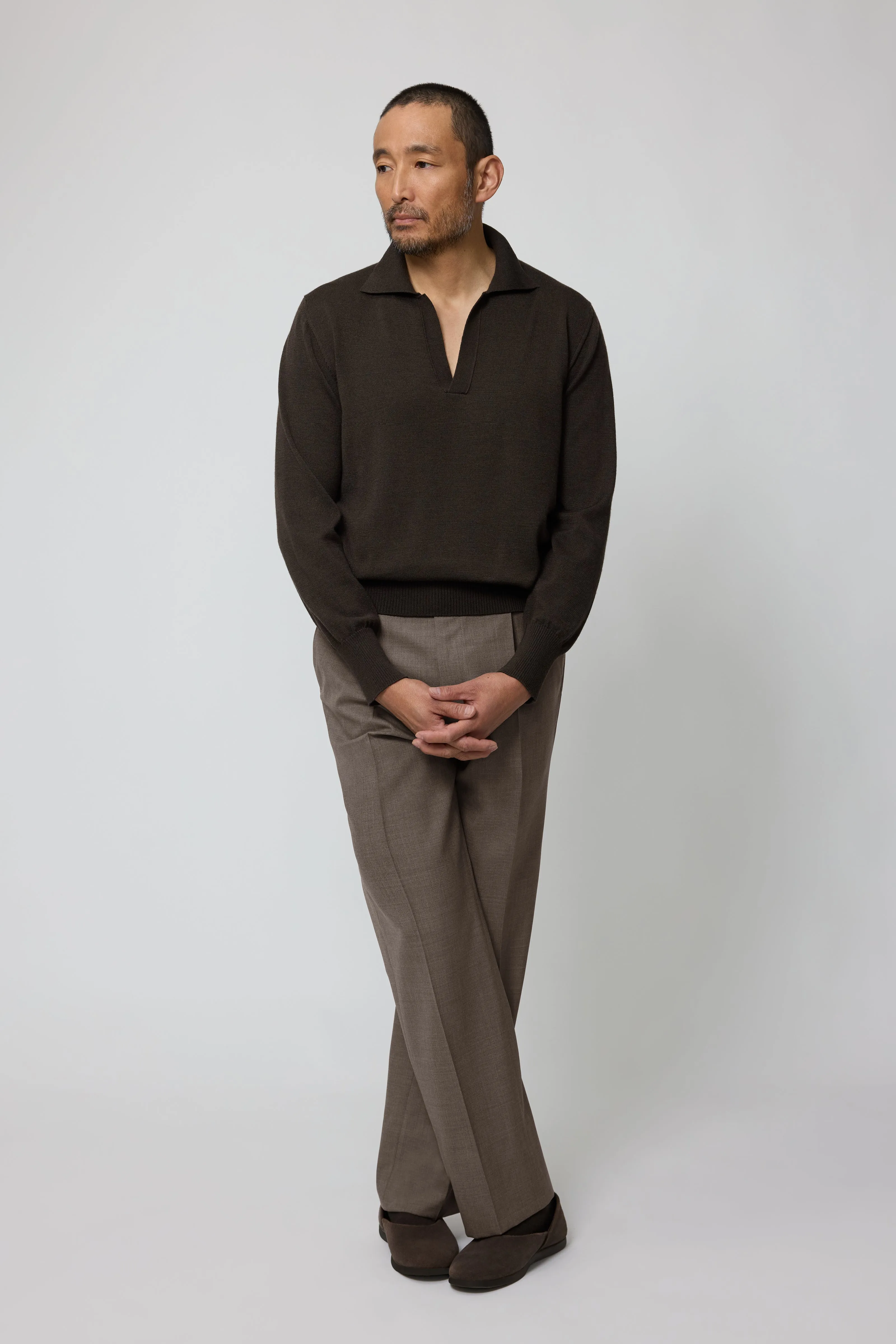 Long Sleeve Polo (Chocolate Wool Silk) sold by Stoffa