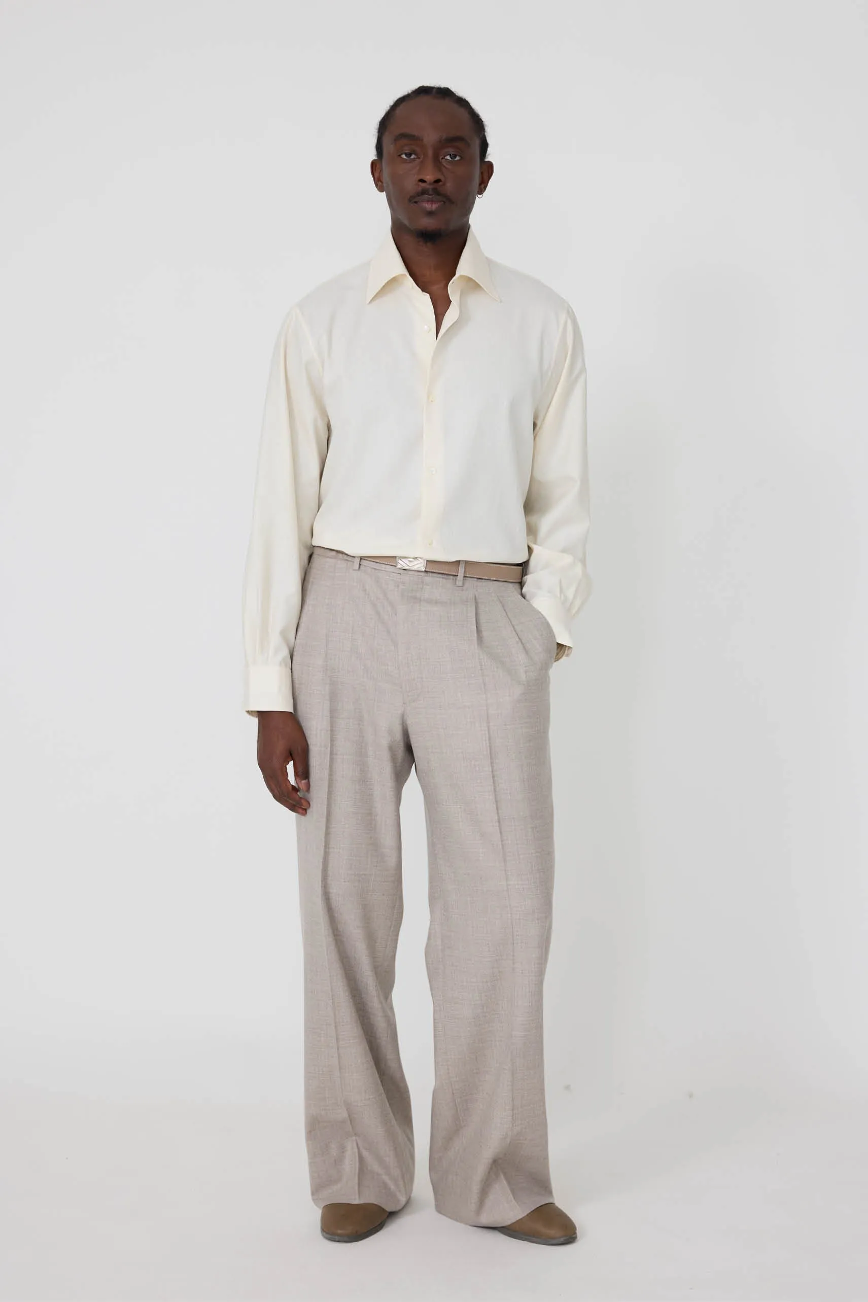 Spread Collar Shirt (Ivory Cotton Silk Slub) sold by Stoffa