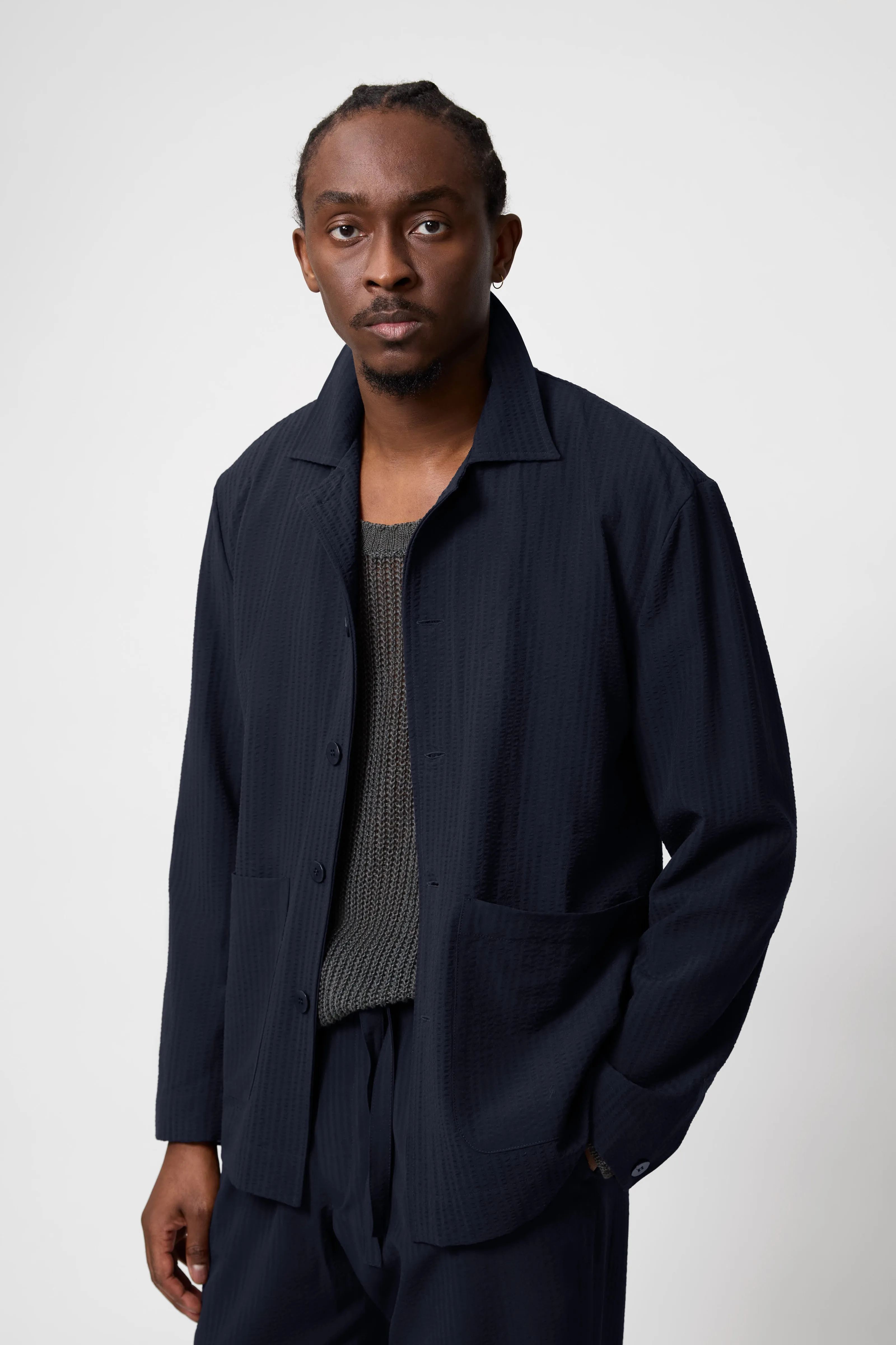 Lounge Jacket (Navy Wool Seersucker) sold by Stoffa product image thumbnail 4