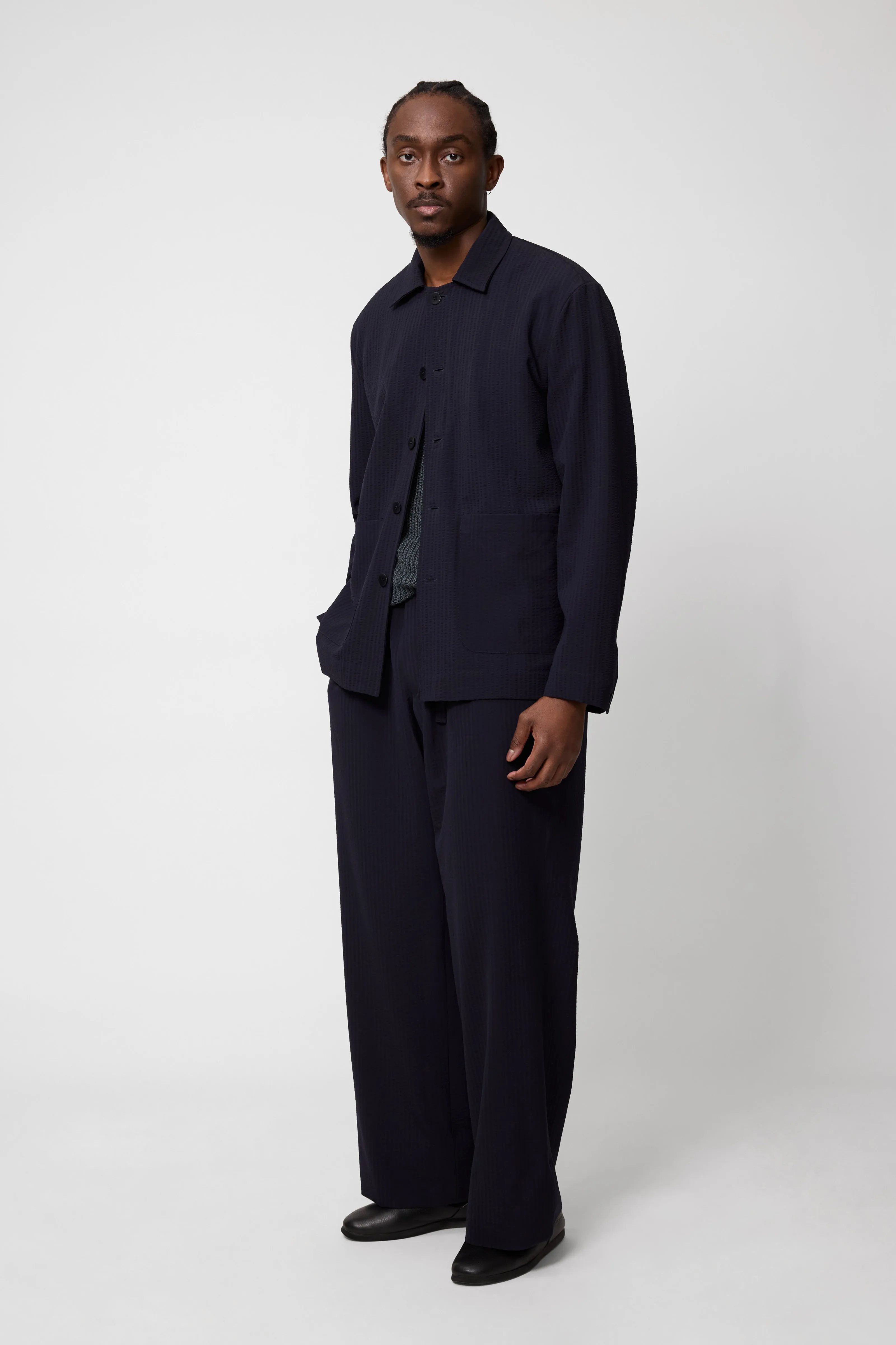 Lounge Jacket (Navy Wool Seersucker) sold by Stoffa
