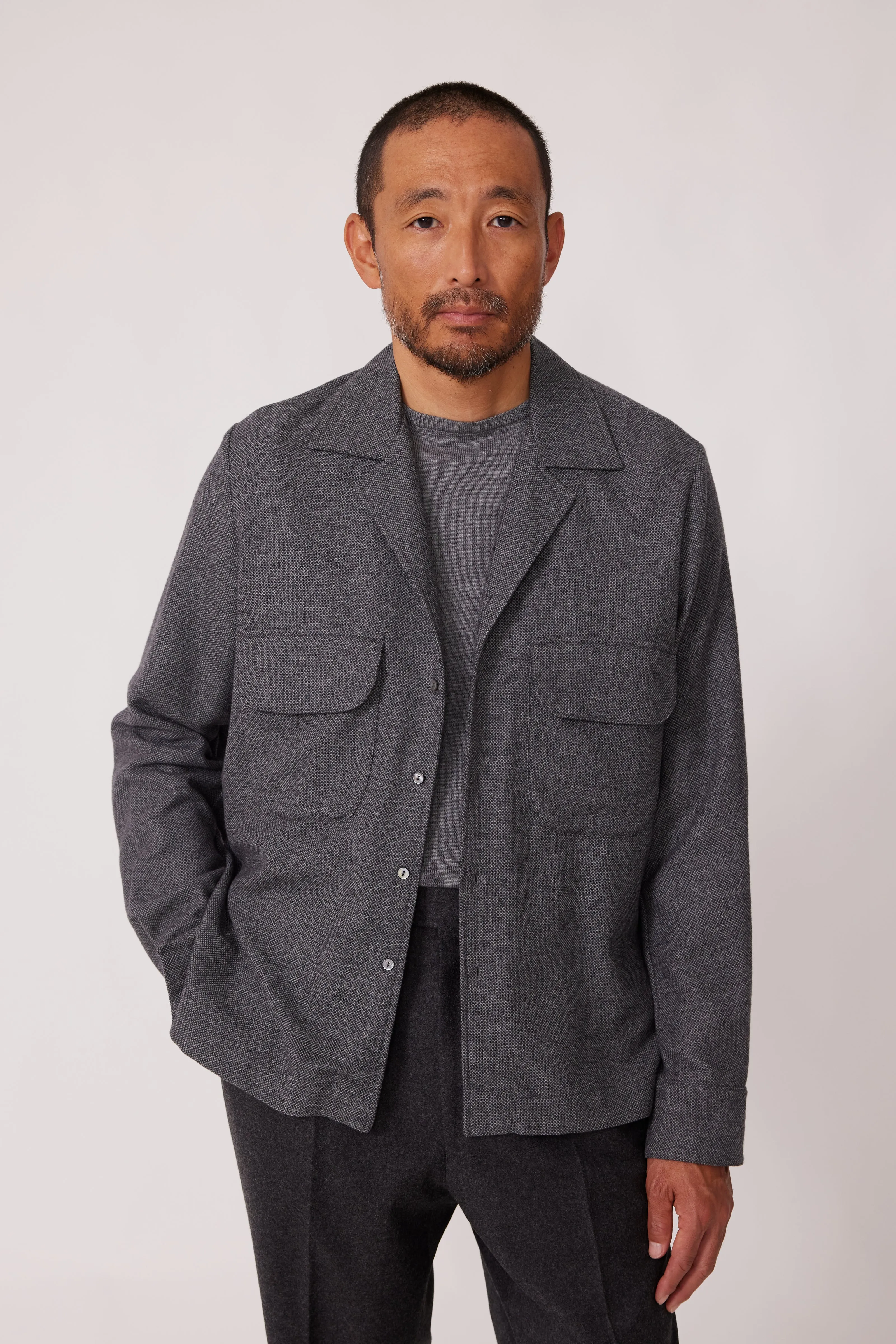 Long Sleeve Camp Shirt (Grey Cashmere Silk Tonal Pinhead) sold by Stoffa product image thumbnail 4