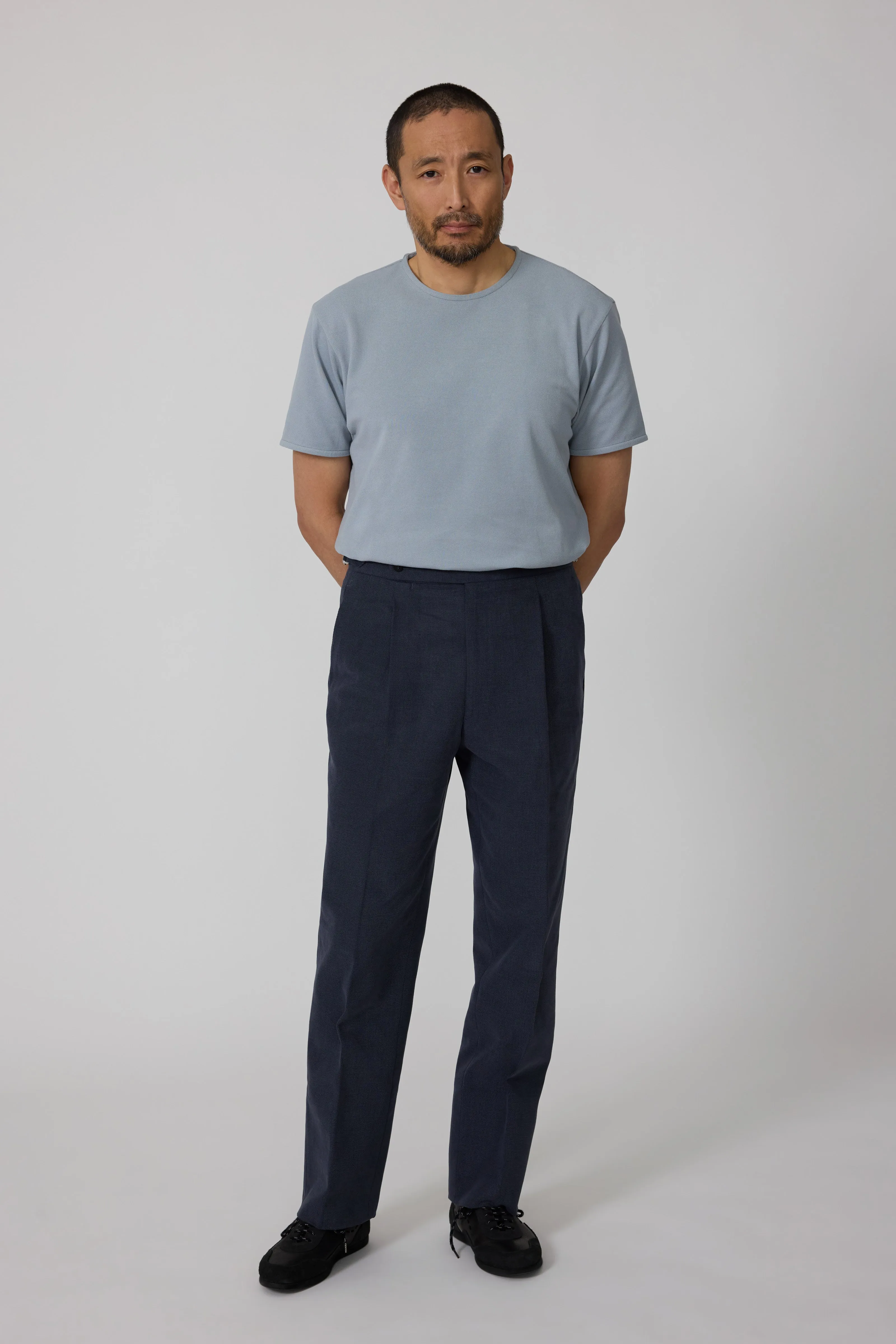 Single Pleat Trouser (Indigo Basketweave Cotton) sold by Stoffa