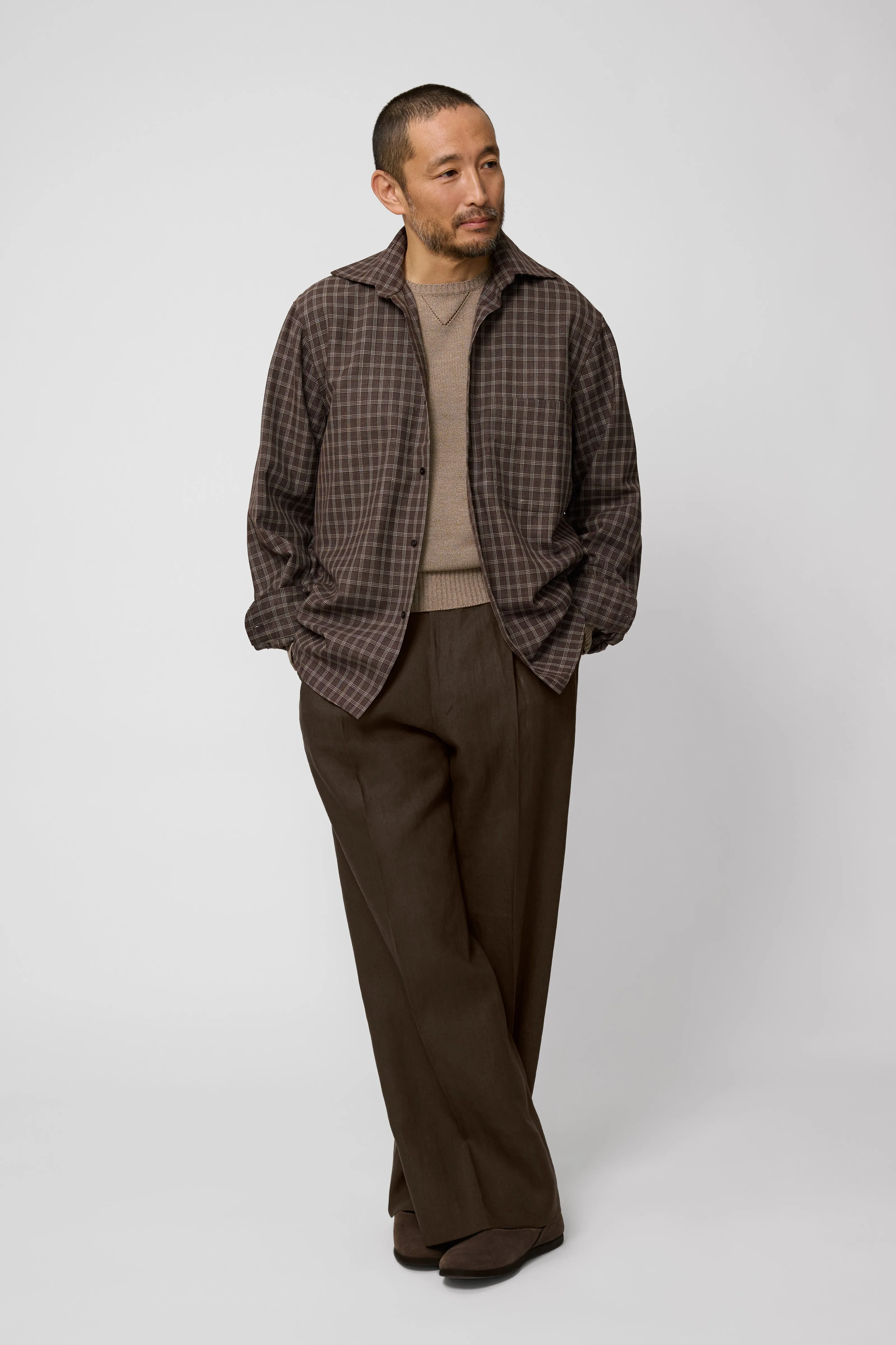 Spread Collar Shirt (Chocolate Check Wool Silk Linen) sold by Stoffa