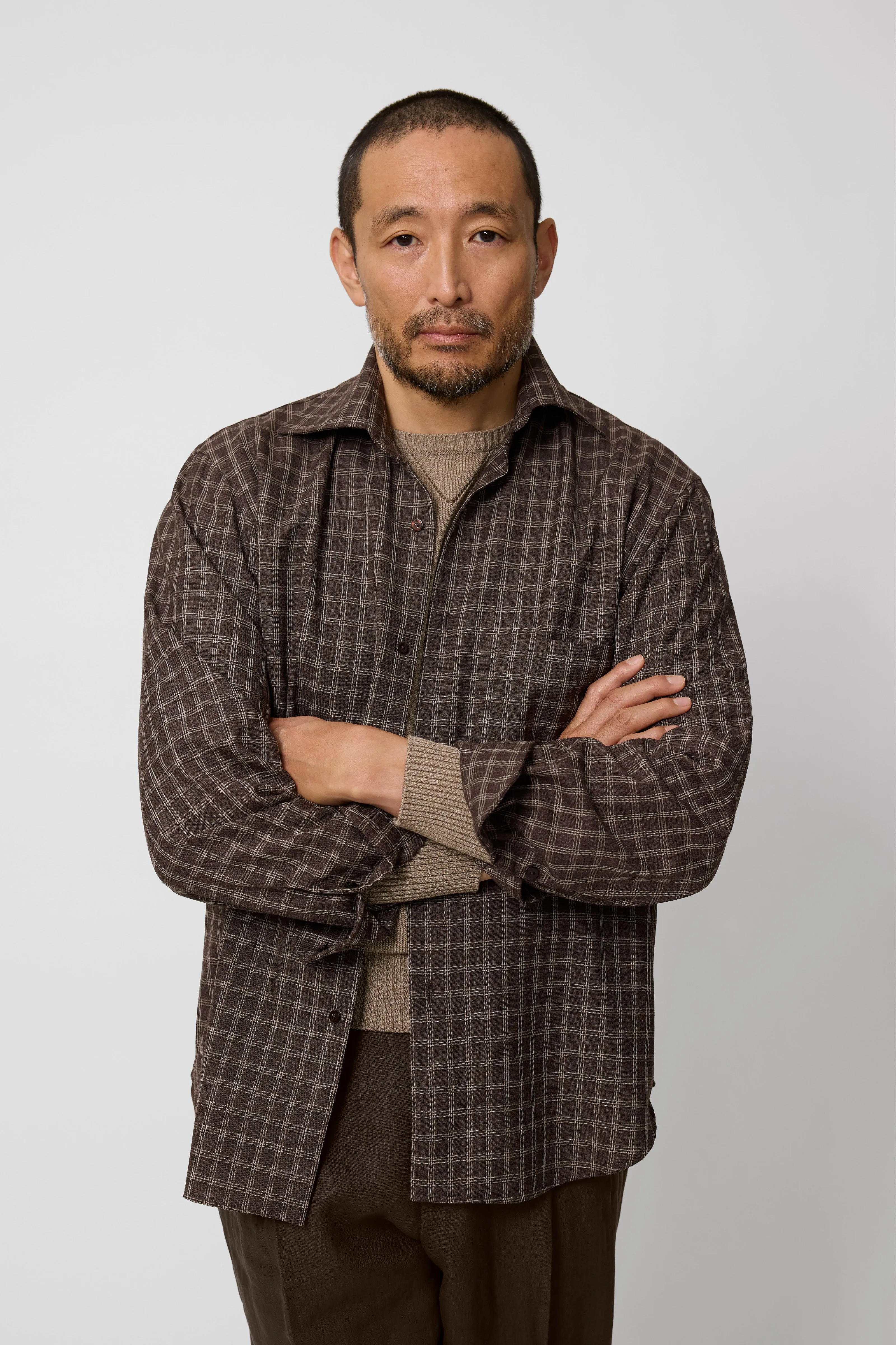 Spread Collar Shirt (Chocolate Check Wool Silk Linen) sold by Stoffa product image thumbnail 4