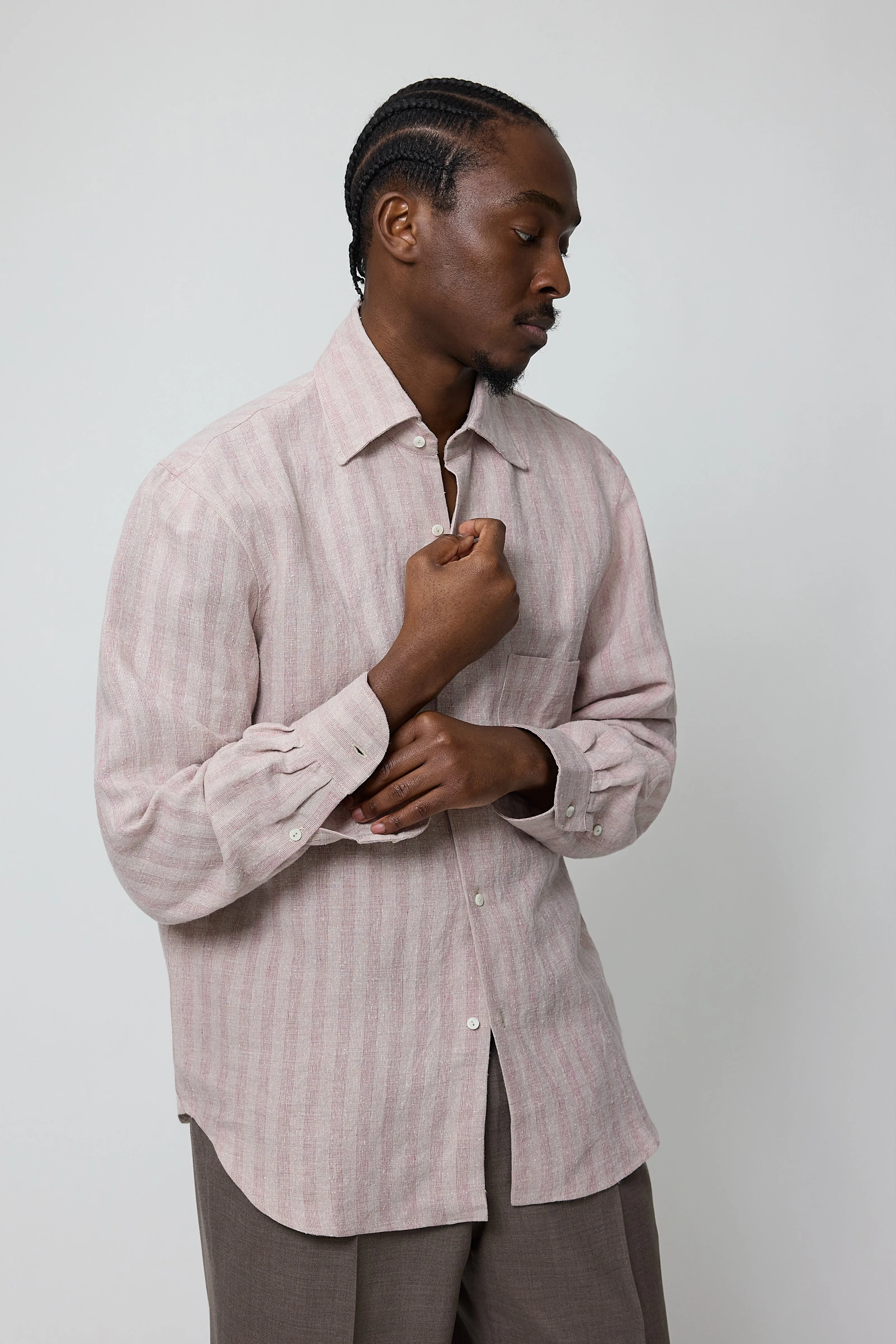 Spread Collar Shirt (Berry Stripe Linen Silk Slub) sold by Stoffa product image thumbnail 4