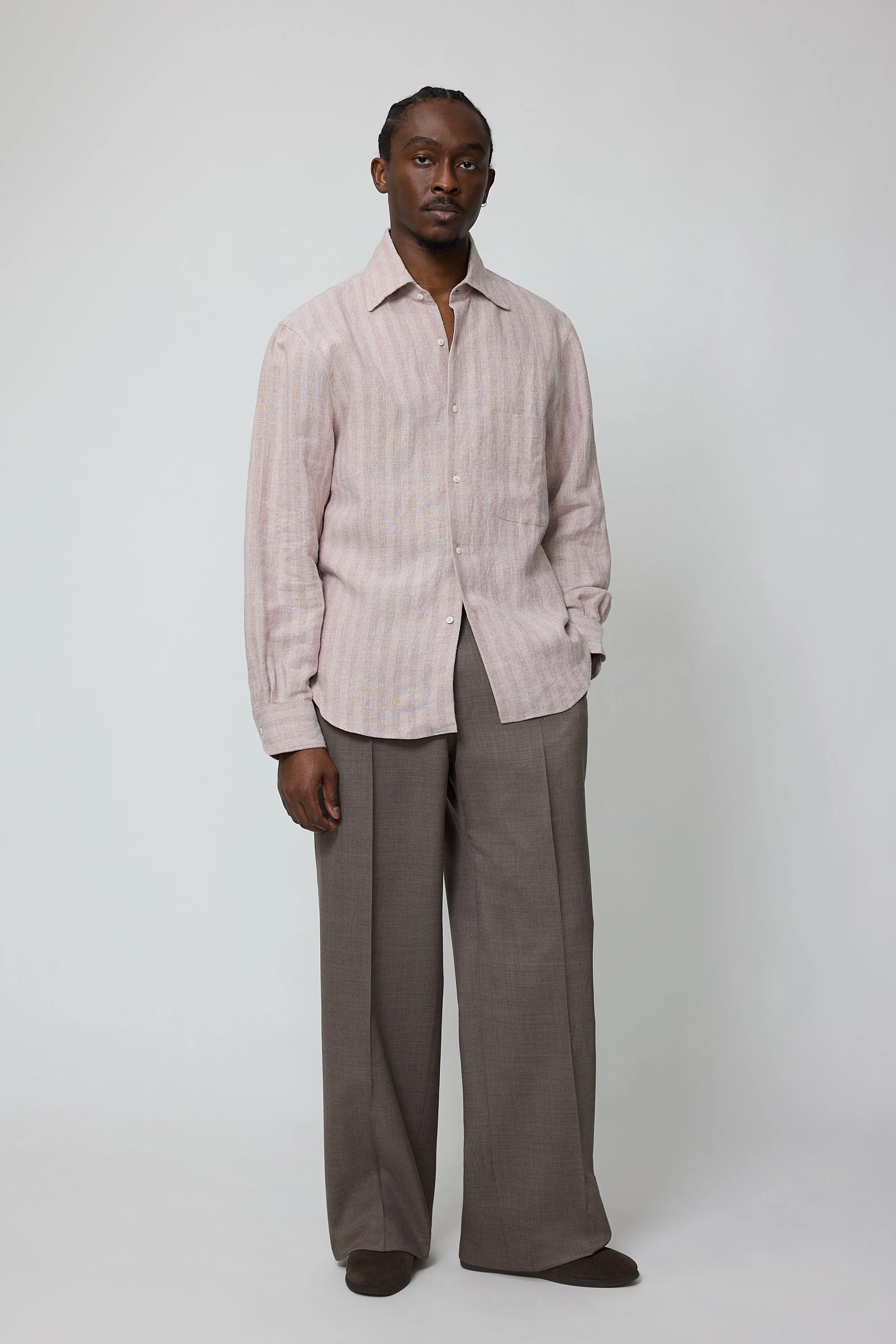 Spread Collar Shirt (Berry Stripe Linen Silk Slub) sold by Stoffa
