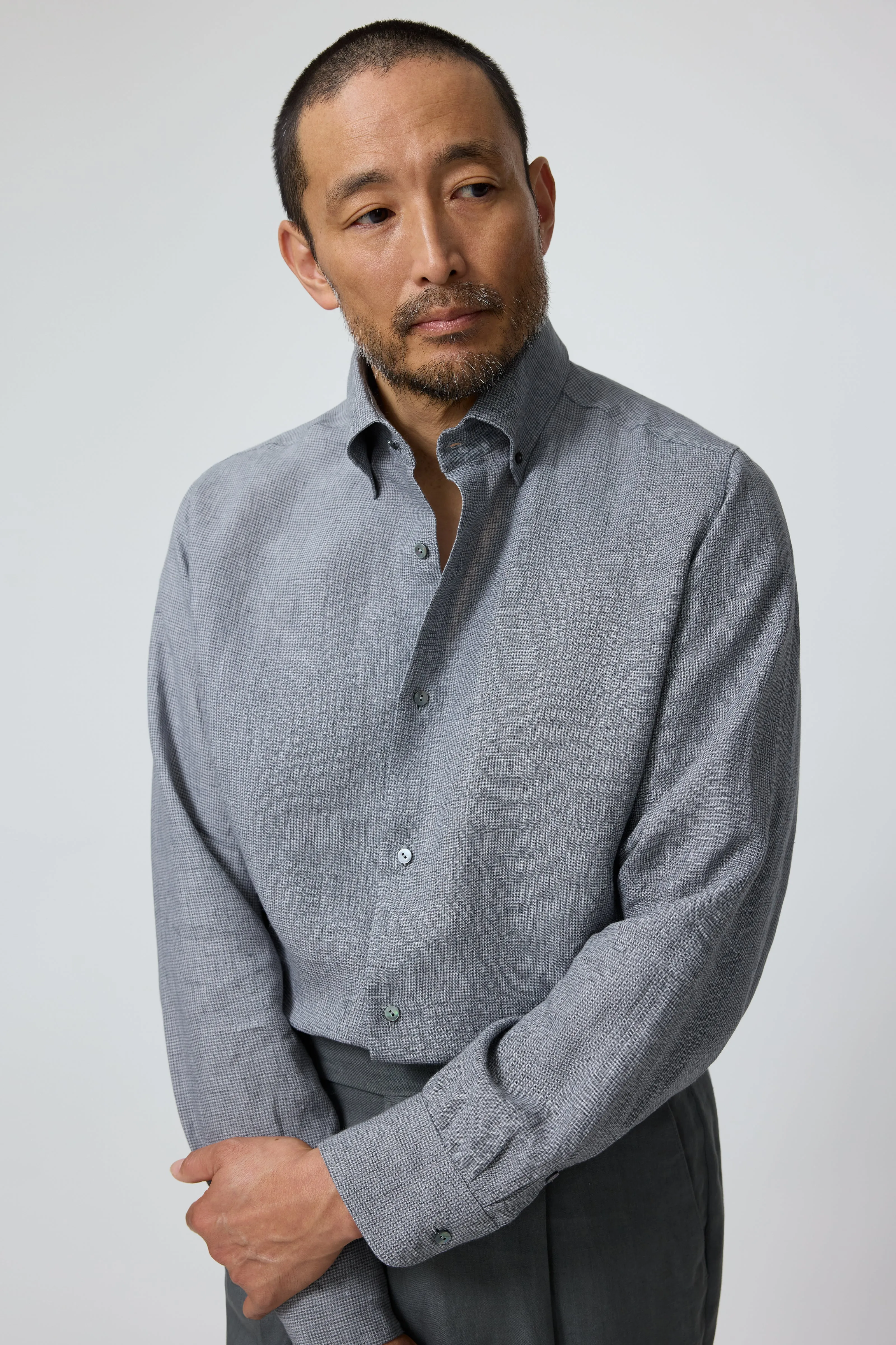 Button Down Collar Shirt (Grey Linen Houndstooth) sold by Stoffa product image thumbnail 4