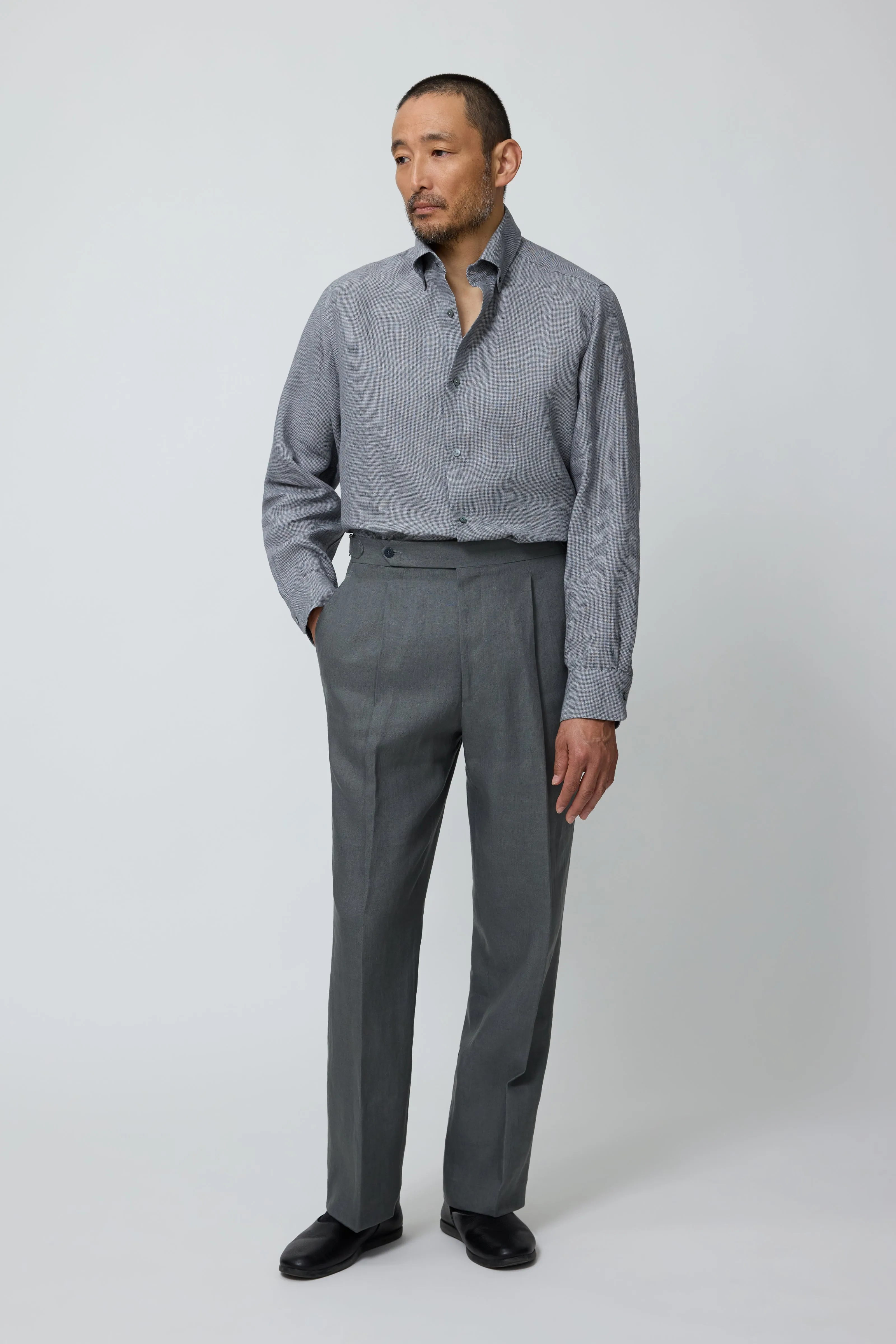 Button Down Collar Shirt (Grey Linen Houndstooth) sold by Stoffa