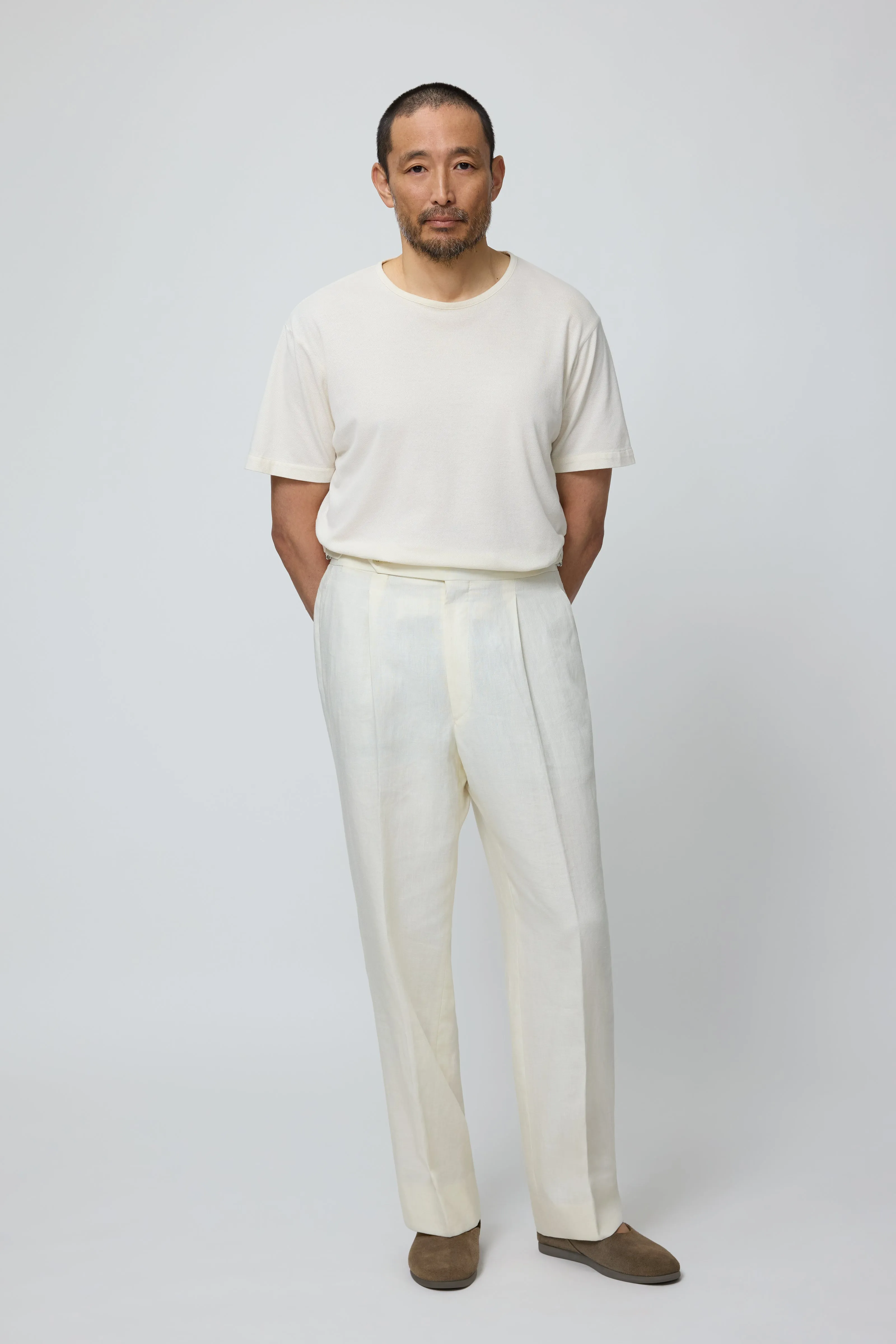 Single Pleat Trouser (Ivory Washed Linen) sold by Stoffa