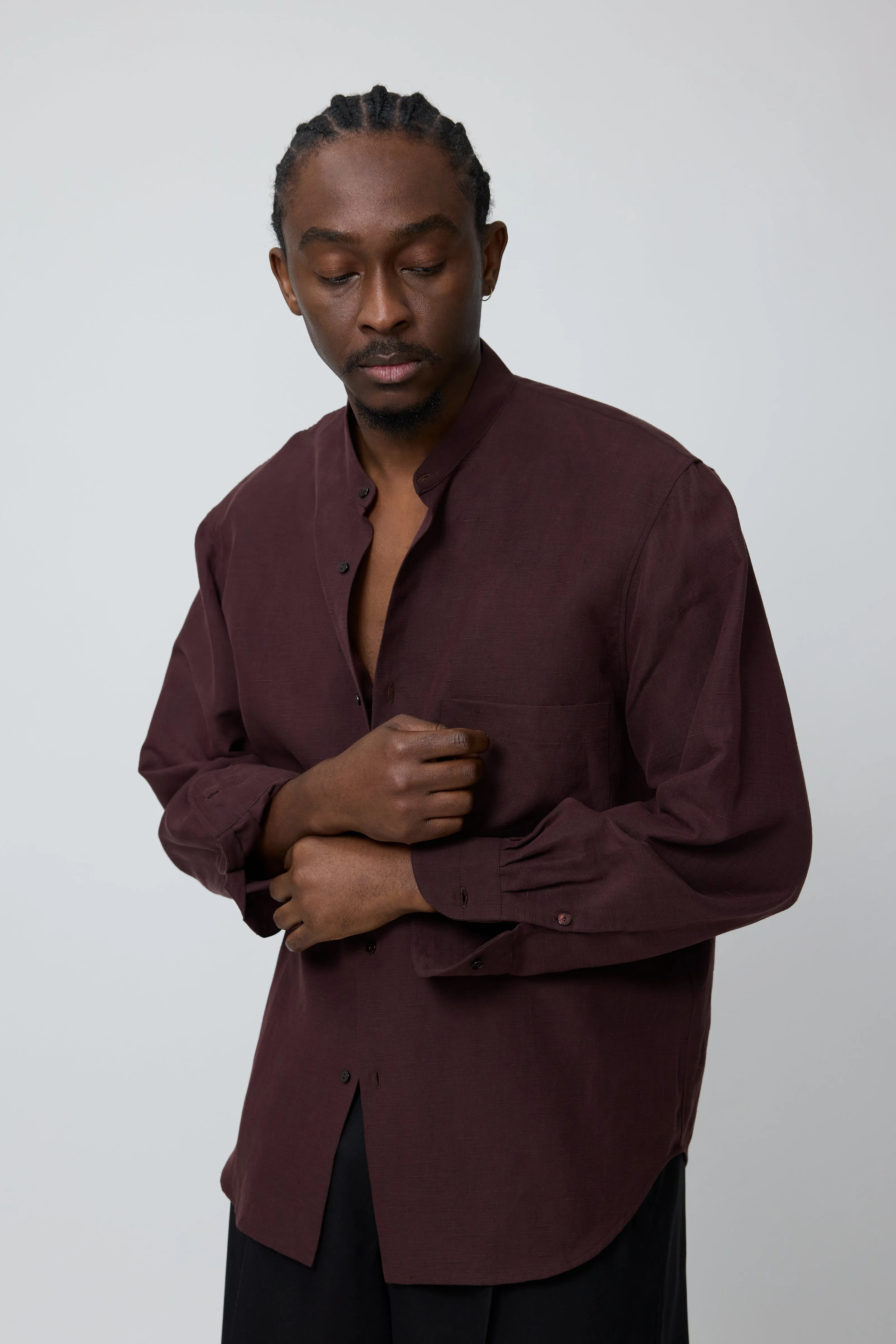 Band Collar Shirt (Wine Slub Linen Silk Twill) sold by Stoffa product image thumbnail 4