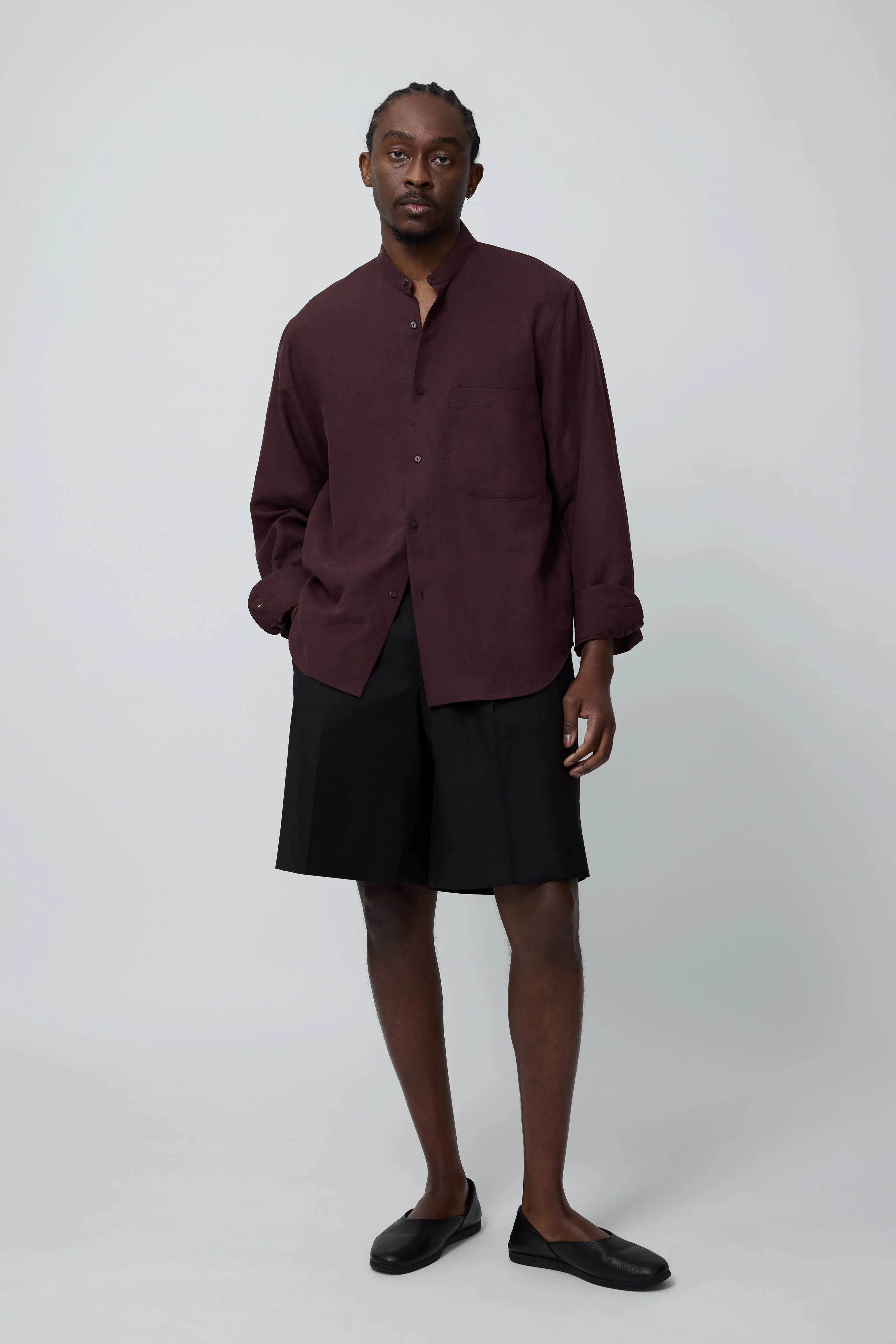 Band Collar Shirt (Wine Slub Linen Silk Twill) sold by Stoffa