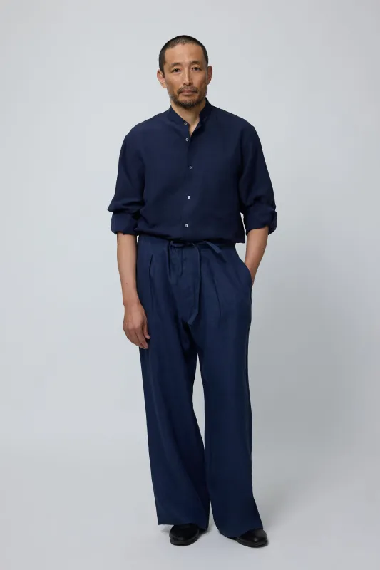 Band Collar Shirt (Navy Slub Linen Silk Twill) made by Stoffa
