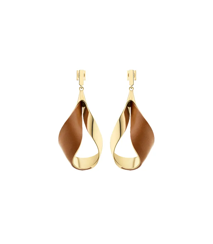 Ormé Pendant Earrings - Gold Gilded with Camel Leather sold by Polene