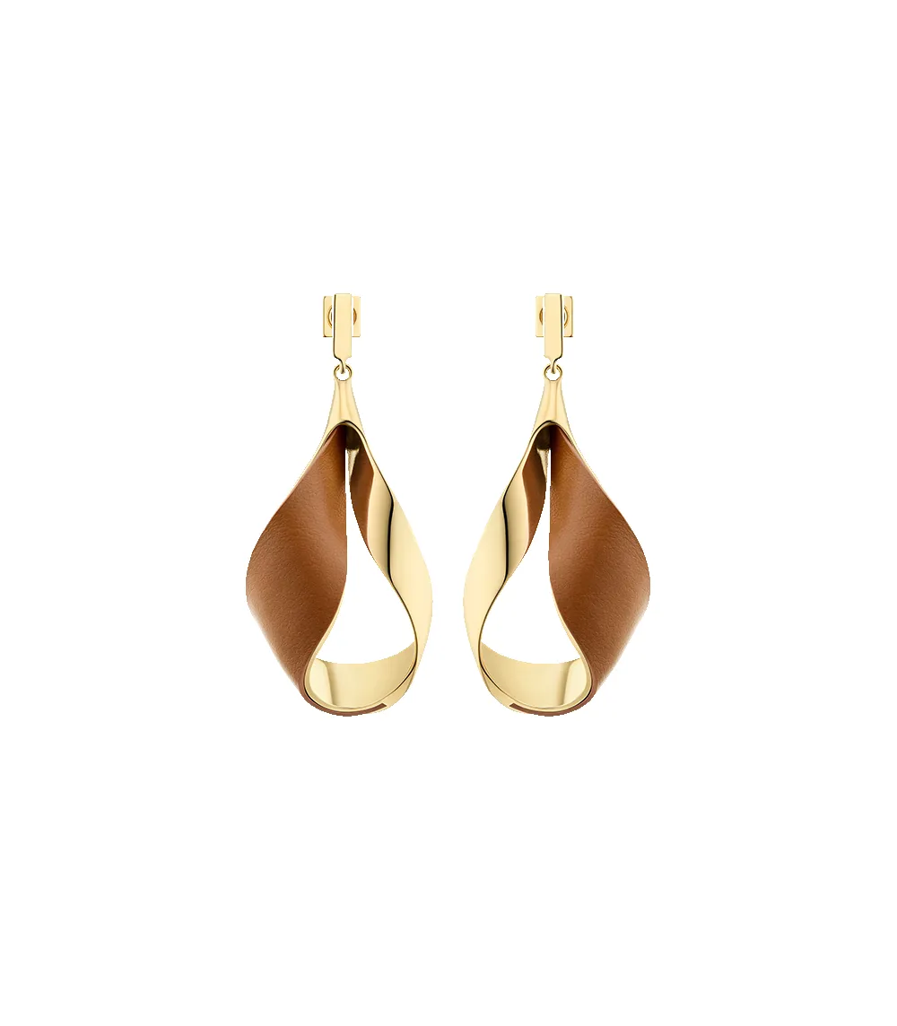 Ormé Pendant Earrings - Gold Gilded with Camel Leather sold by Polene