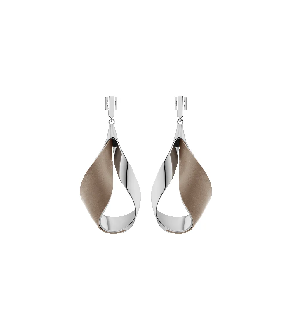 Ormé Pendant Earrings - Silver in rhodium with Taupe Leather sold by Polène
