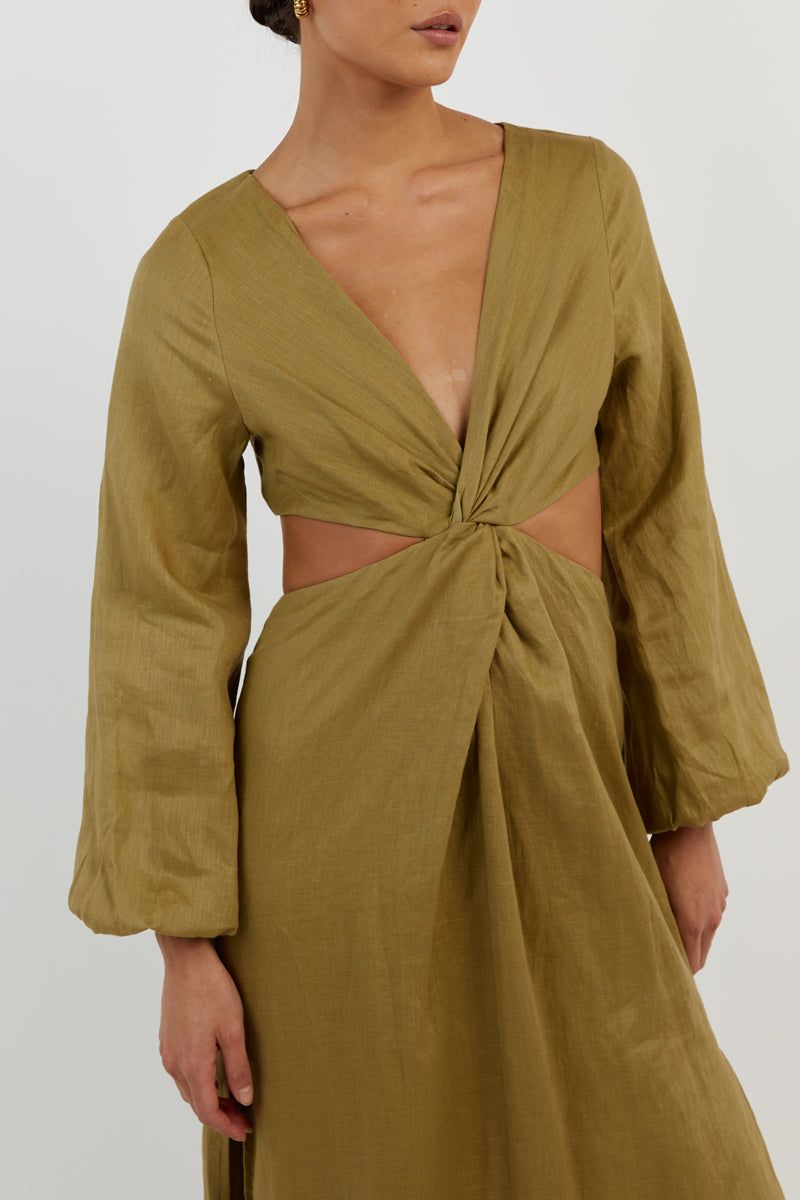 TINA OLIVE LINEN MIDI DRESS sold by Dissh product image thumbnail 5