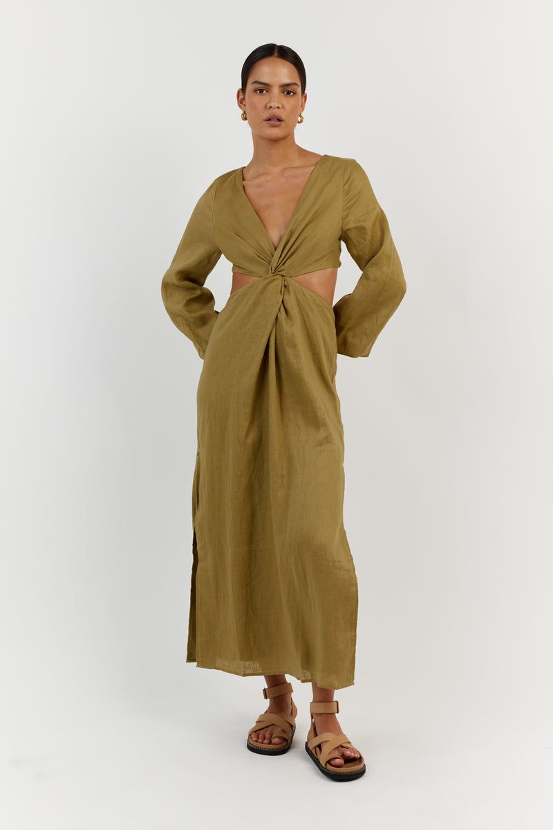 TINA OLIVE LINEN MIDI DRESS sold by Dissh product image thumbnail 2