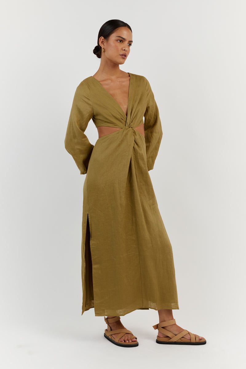 TINA OLIVE LINEN MIDI DRESS sold by Dissh product image thumbnail 3