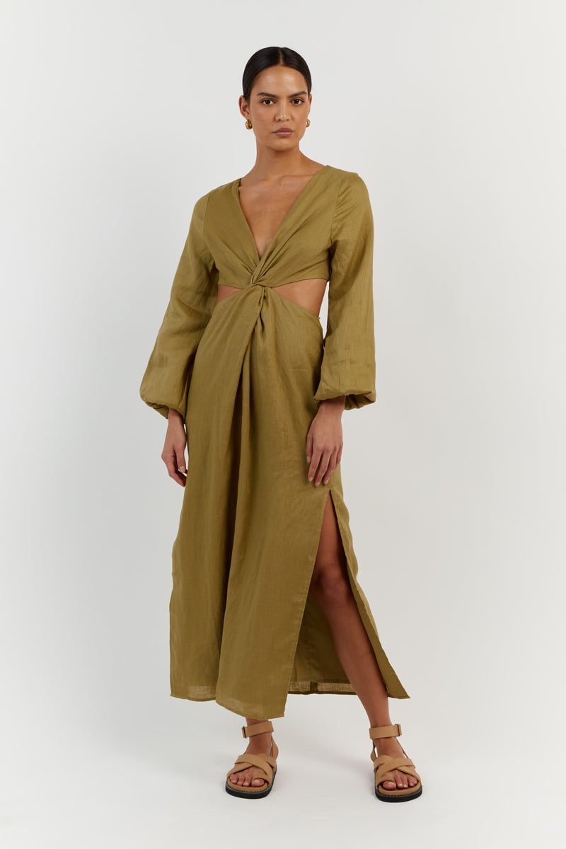 TINA OLIVE LINEN MIDI DRESS sold by Dissh