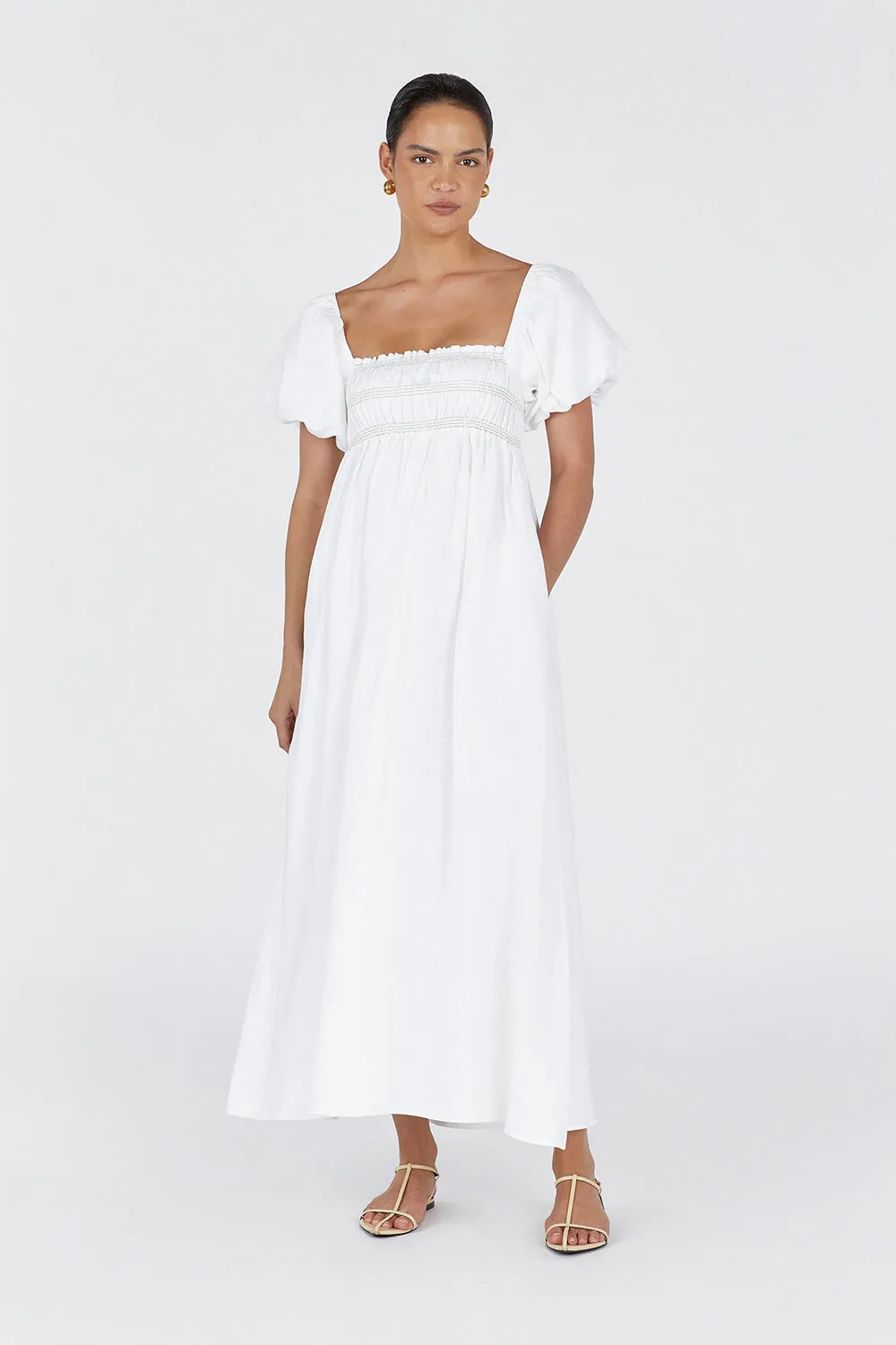 BIANCA WHITE LINEN MIDI DRESS sold by Dissh