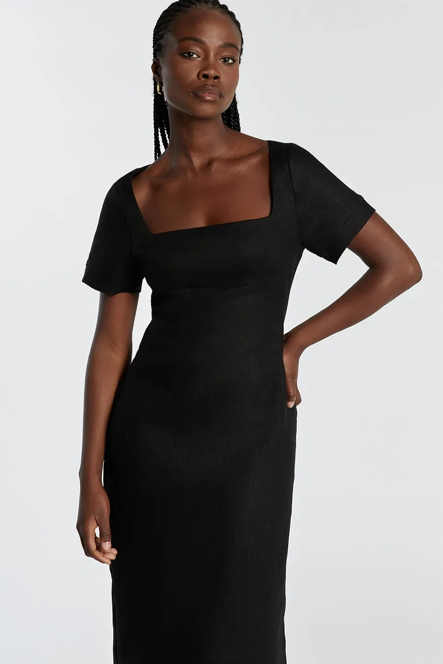 JAMIE BLACK LINEN MIDI DRESS sold by Dissh