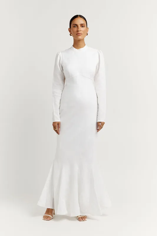 AISLE WHITE LINEN SLEEVE MIDI DRESS sold by Dissh