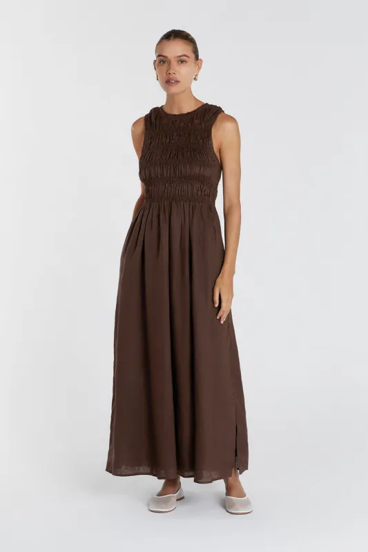 LESSI BITTER CHOC LINEN MAXI DRESS sold by Dissh