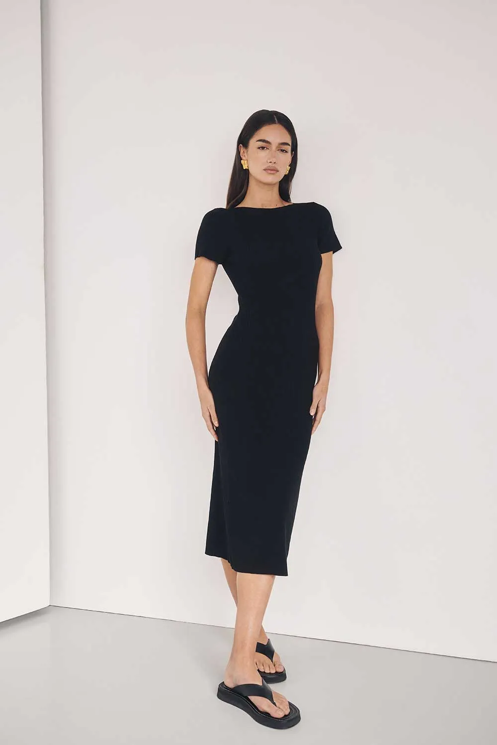 MAX BLACK BOAT NECK KNIT MIDI DRESS sold by Dissh