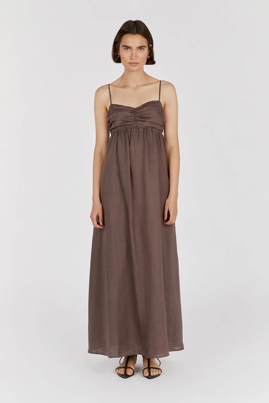 DALLAS CHOCOLATE LINEN MAXI DRESS sold by Dissh