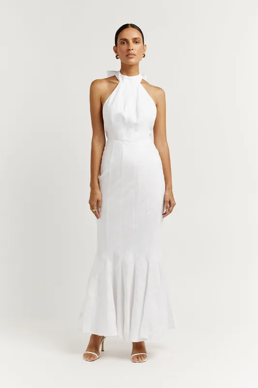 AISLE WHITE LINEN HIGH NECK DRESS sold by Dissh