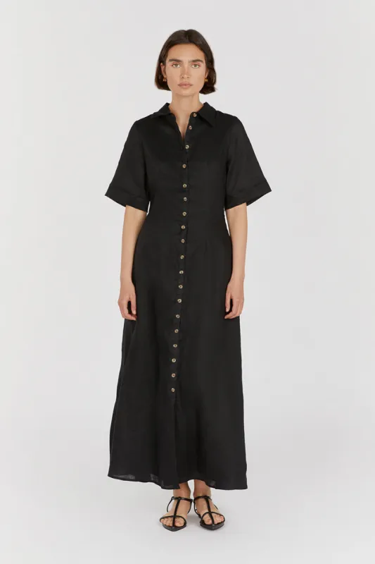 FRANNIE BLACK LINEN SHIRT DRESS sold by Dissh