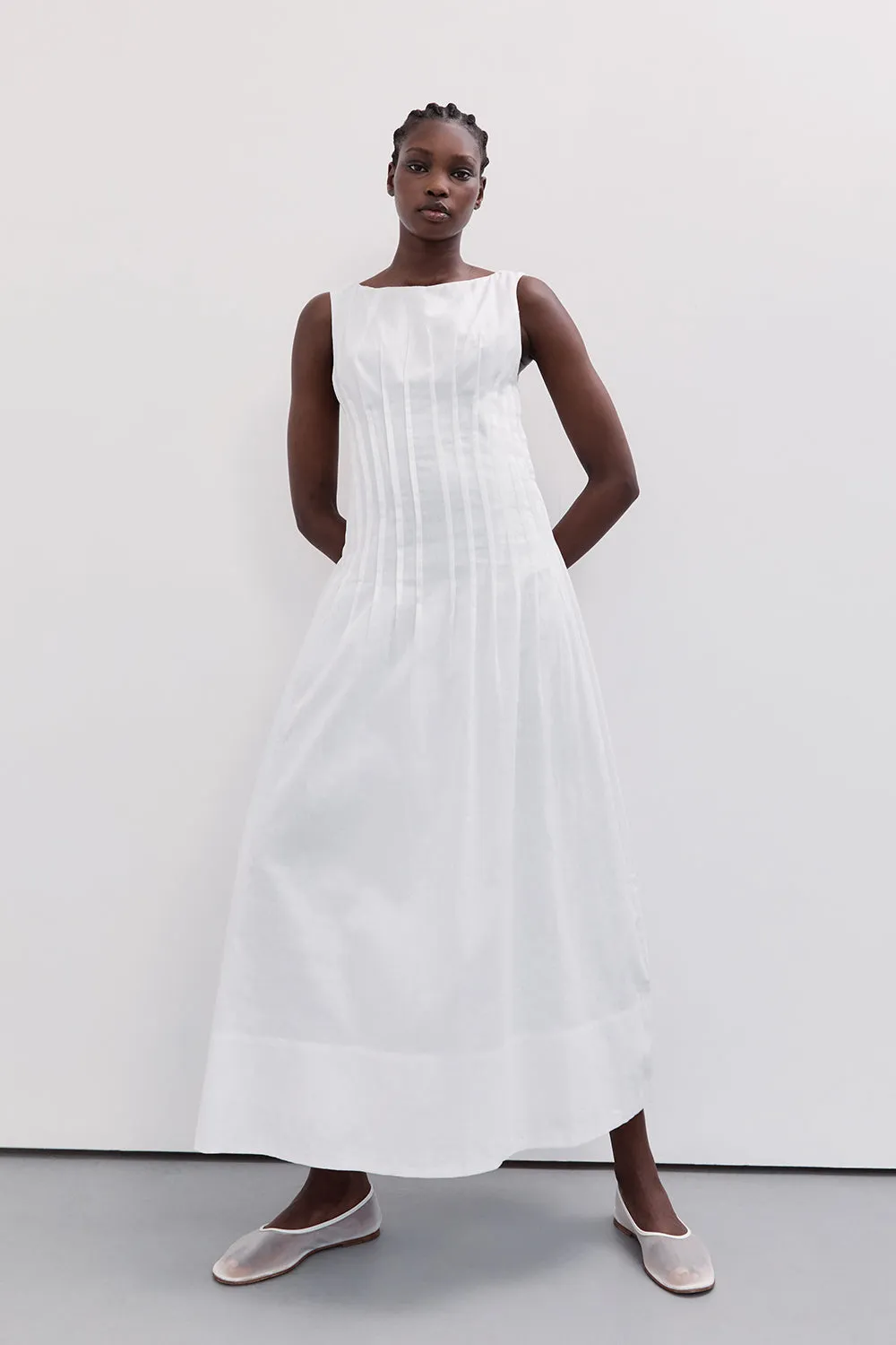 MANA WHITE LINEN MIDI DRESS sold by Dissh
