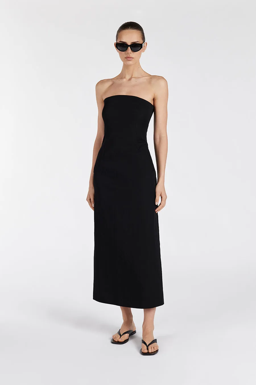 OPAL BLACK STRAPLESS MIDI DRESS sold by Dissh