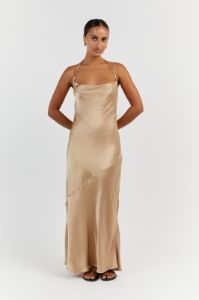 CHARLI GOLD SATIN MIDI DRESS sold by Dissh
