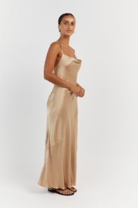 CHARLI GOLD SATIN MIDI DRESS sold by Dissh