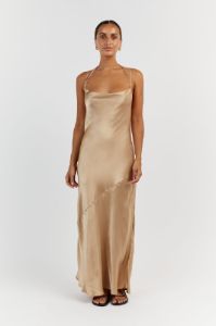 CHARLI GOLD SATIN MIDI DRESS sold by Dissh