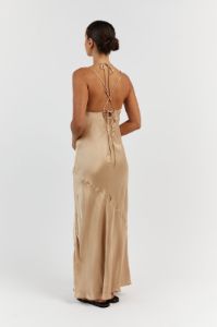 CHARLI GOLD SATIN MIDI DRESS sold by Dissh