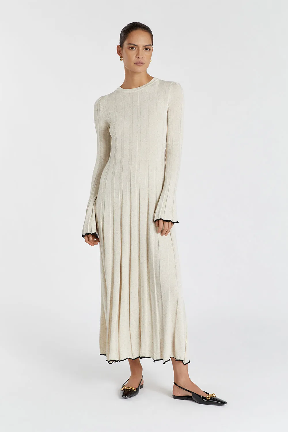 FLORA NATURAL CONTRAST KNIT MIDI DRESS sold by Dissh