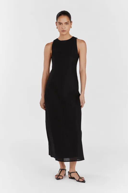 HARRIS BLACK LINEN MIDI DRESS sold by Dissh