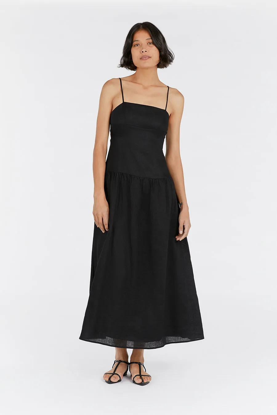 KAY BLACK LINEN MIDI DRESS sold by Dissh