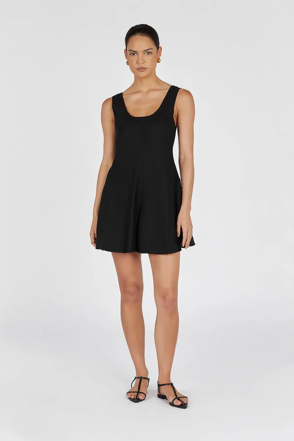 MONICA BLACK LINEN SCOOP MINI DRESS sold by Dissh