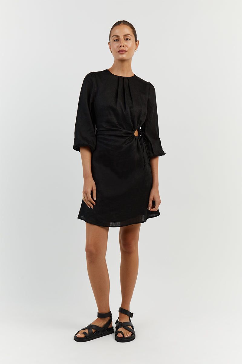BEAU BLACK LINEN SLEEVED MINI DRESS sold by Dissh